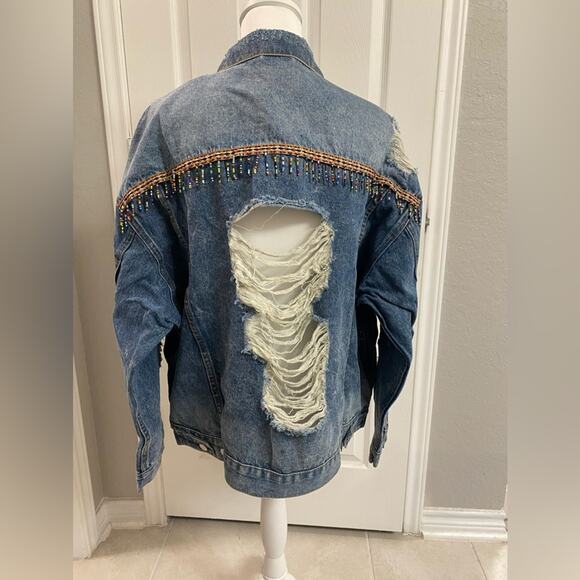 Denim Jacket Distressed Ripped Oversized Beaded Fringe Accent on Back M/L Boho - Picture 9 of 13